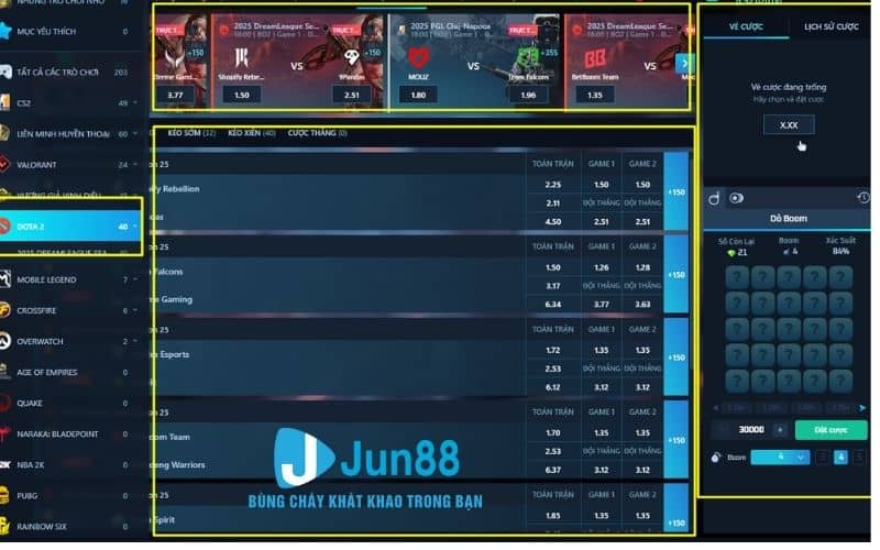 Giao diện đặt cược Dota 2 tại Jun88 Giao diện đặt cược Dota 2 tại Jun88